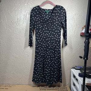 Lauren Ralph L. Womens Empire Waist Flare Stretch Midi Dress 3/4 Sleeve Black 0P